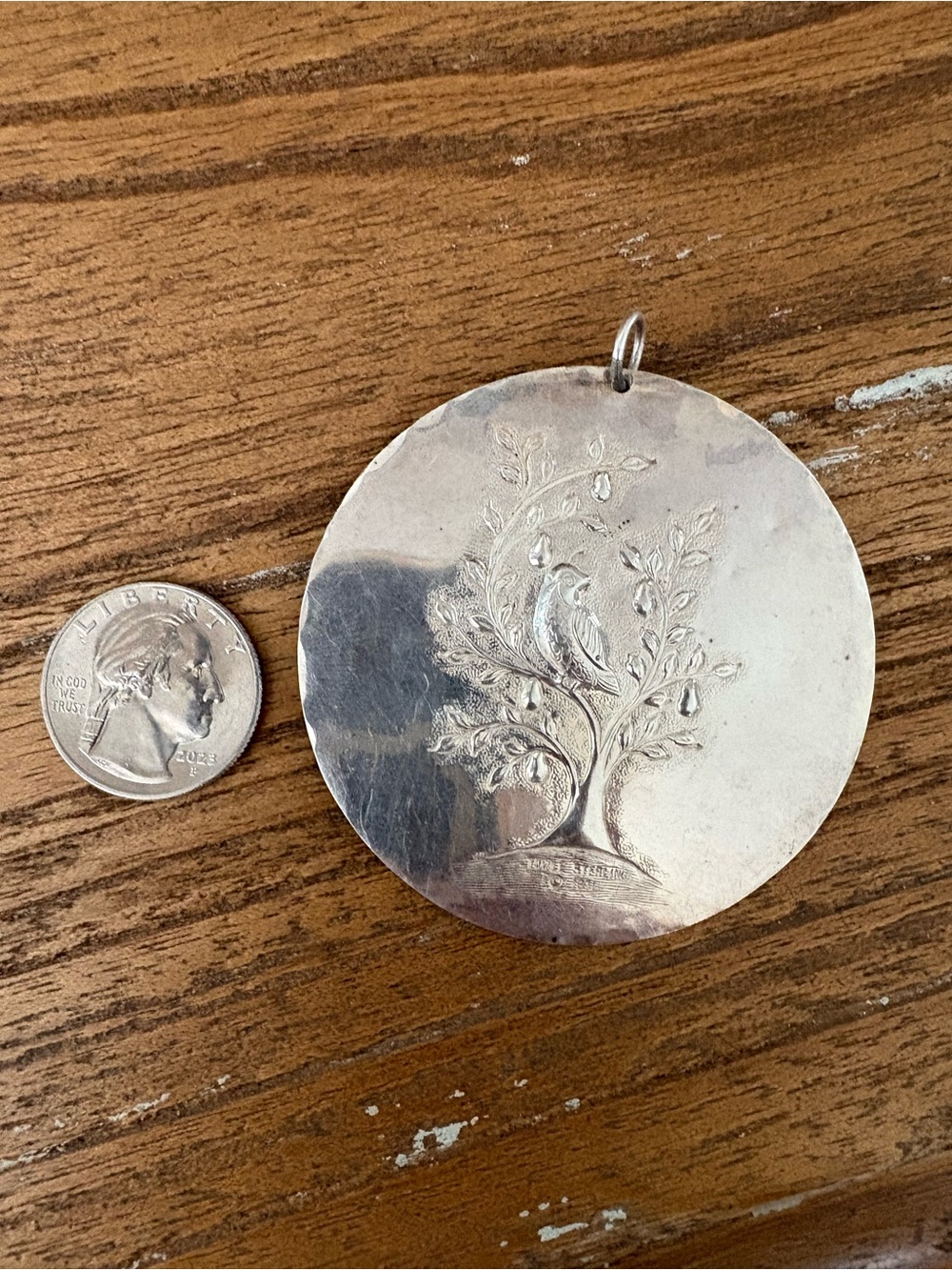 Sterling Silver Bird on Tree Round Pendant - Silver